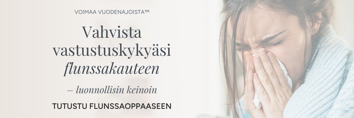 Nainen niistää nenää peiton alla. Teksti: Voimaa vuodenajoista™ – Vahvista vastustuskykyäsi flunssakauteen luonnollisin keinoin.