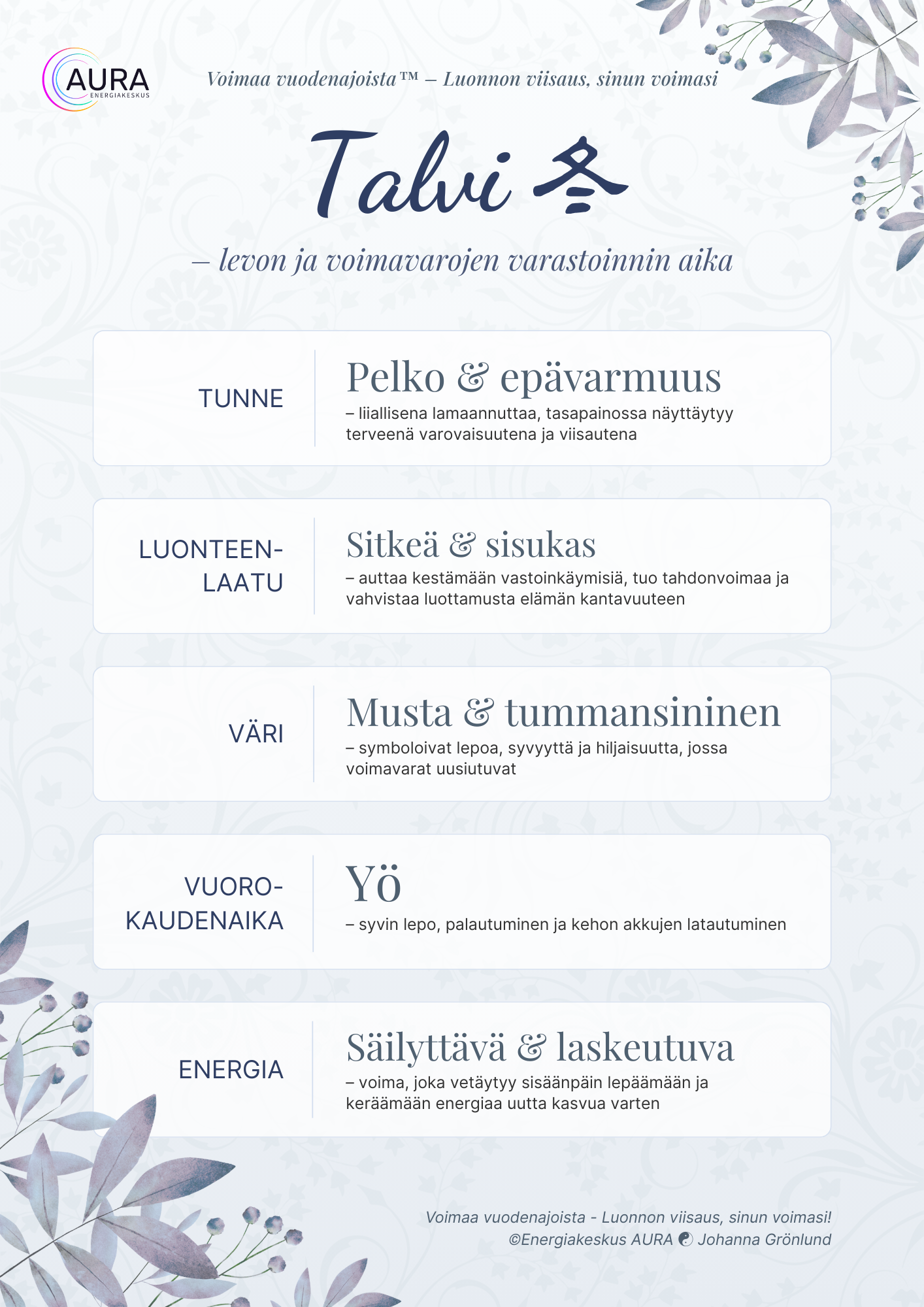 Talvi-infografiikan toinen sivu, jossa kuvataan pelon ja epävarmuuden tunne, sitkeä luonteenlaatu, talven tummansininen ja musta väri, yöaika sekä säilyttävä ja laskeutuva energia.