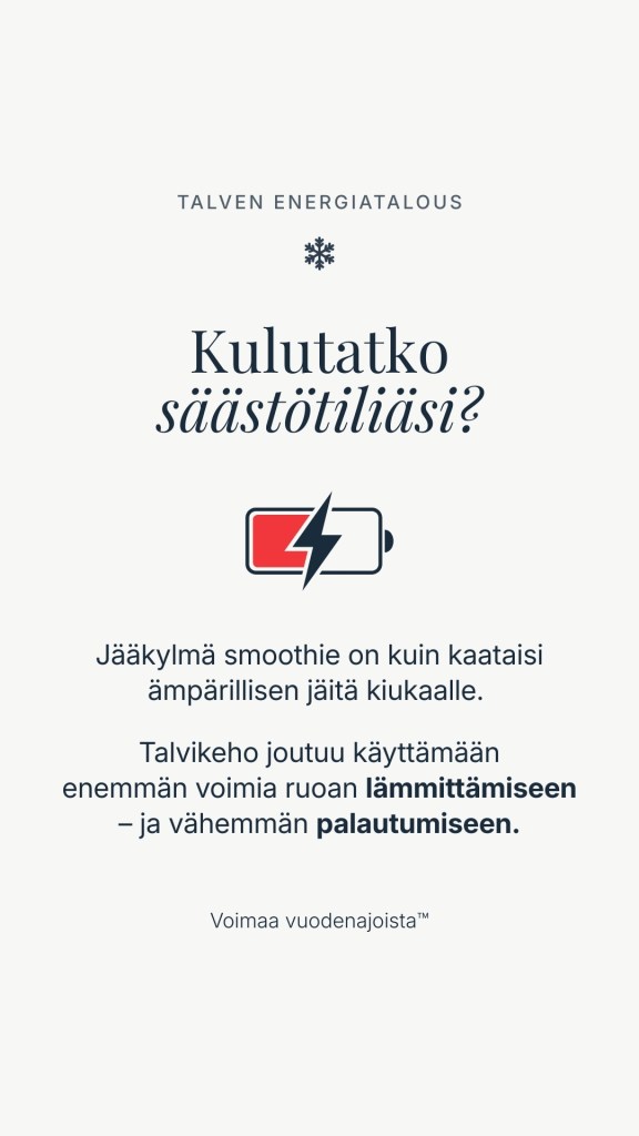 Graafinen esitys, jossa on tyhjäksi kuluva akku-ikoni; teksti selittää, kuinka kylmä ravinto pakottaa kehon kuluttamaan munuaisenergiaa ruoan lämmittämiseen palautumisen ja latautumisen sijaan.