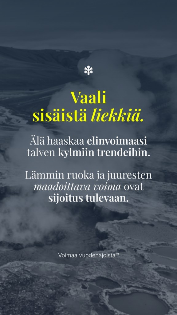 Tunnelmallinen kuva höyryävästä lämmöstä ja valosta talven pimeydessä; kuva edustaa artikkelin suositusta vaalia sisäistä liekkiä lämpimän ja maadoittavan ravinnon avulla.