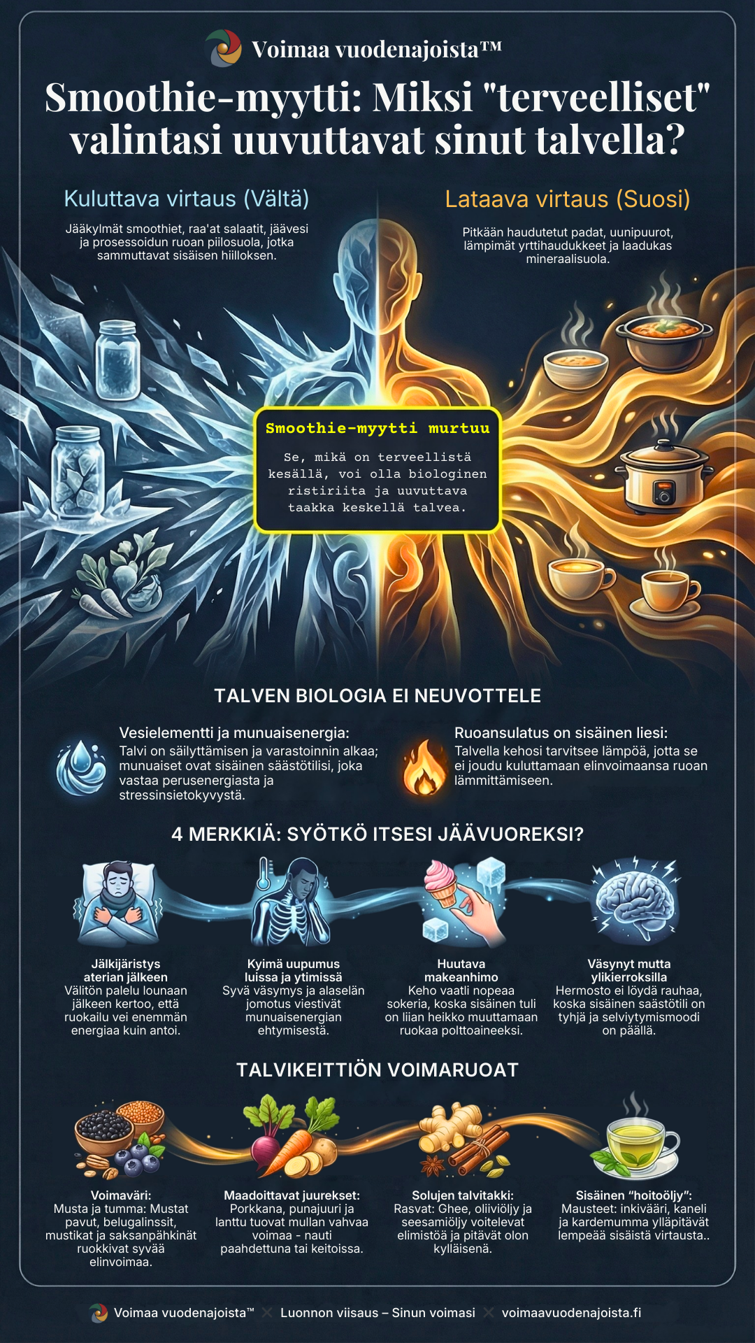 Infograafi, joka havainnollistaa, kuinka vääränlainen talviravinto voi uuvuttaa kehon ja kuluttaa sisäisen säästötilin.