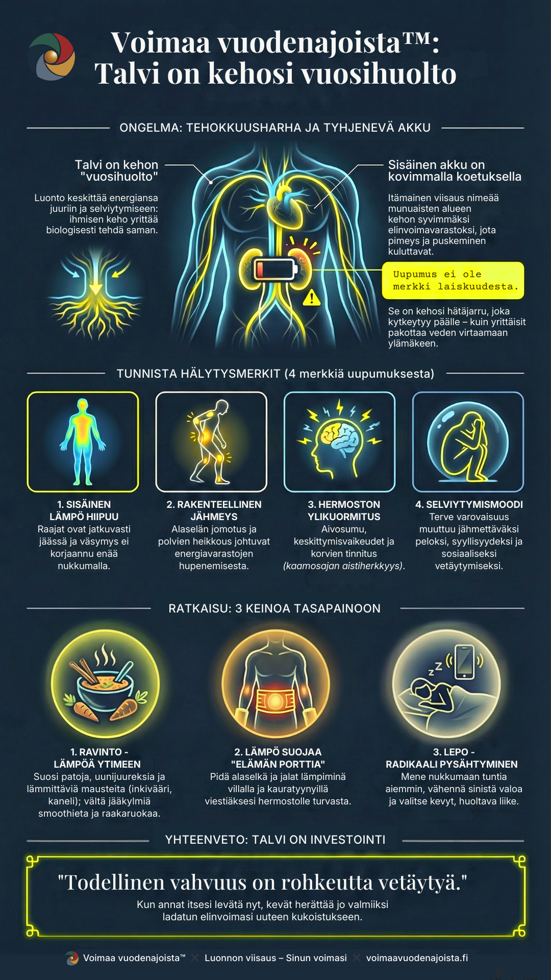 Infograafi talviuupumuksesta: munuaisenergian hiipuminen, hälytysmerkit ja kolme keinoa tasapainoon.
